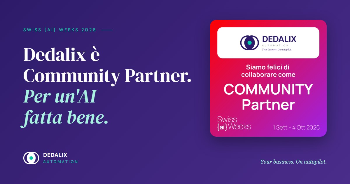 Copertina Dedalix: Dedalix è Community Partner delle Swiss {ai} Weeks 2026, con il riquadro ufficiale Community Partner e il logo Dedalix