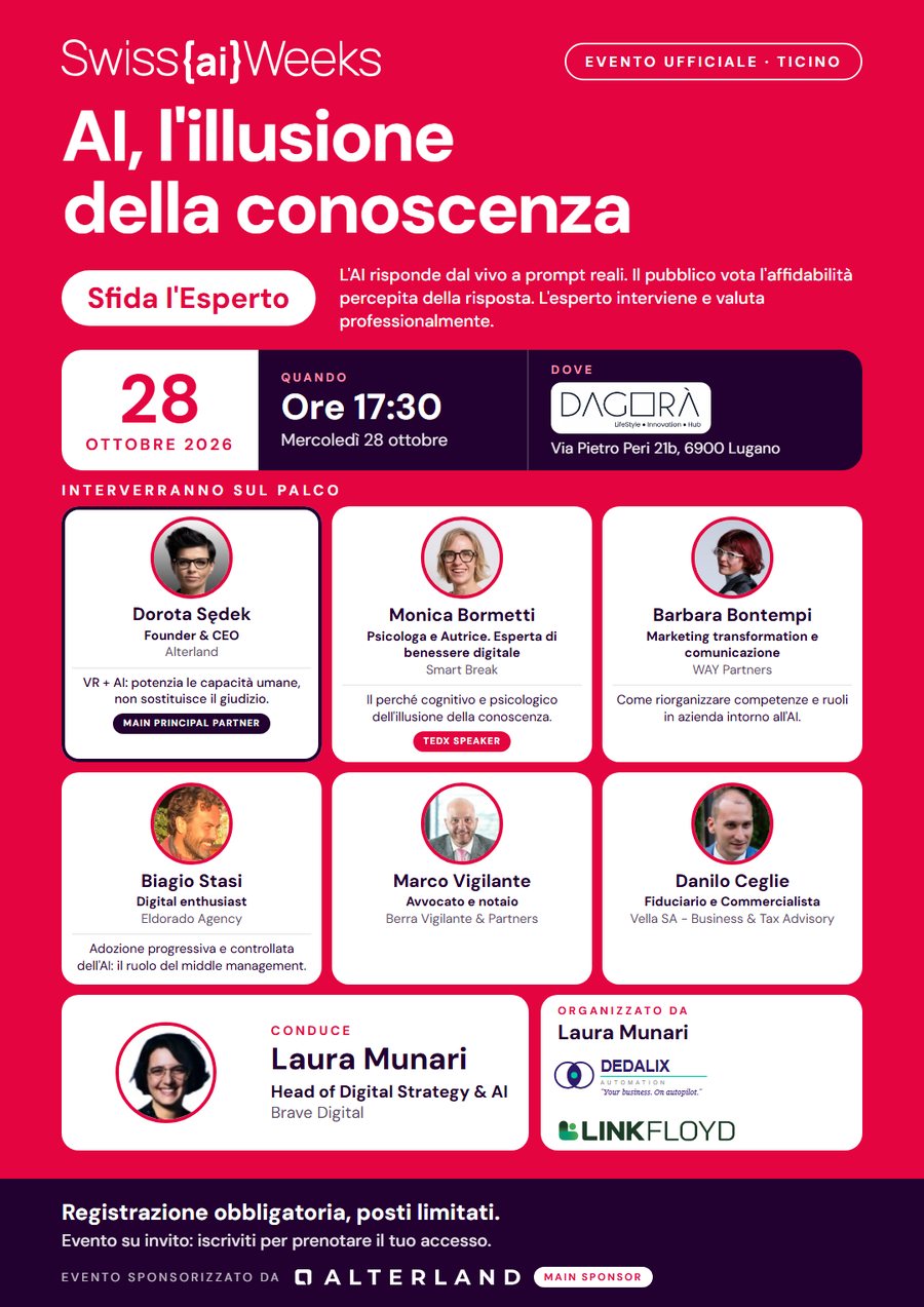 Locandina verticale dell'evento con tutti i relatori: Dorota Sędek, Monica Bormetti, Barbara Bontempi, Biagio Stasi, Marco Vigilante, Danilo Ceglie; conduce Laura Munari