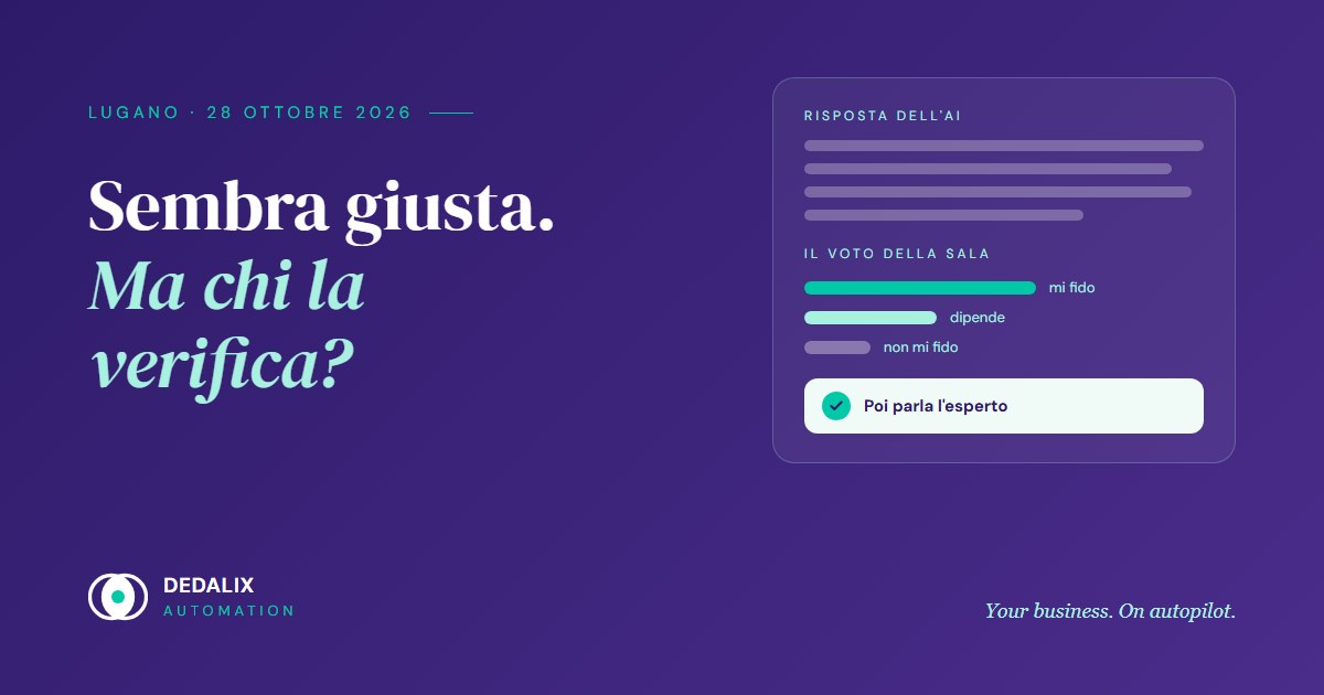 Copertina Dedalix: «Sembra giusta. Ma chi la verifica?», con lo schema della serata Sfida l'Esperto: risposta dell'AI, voto della sala, giudizio dell'esperto